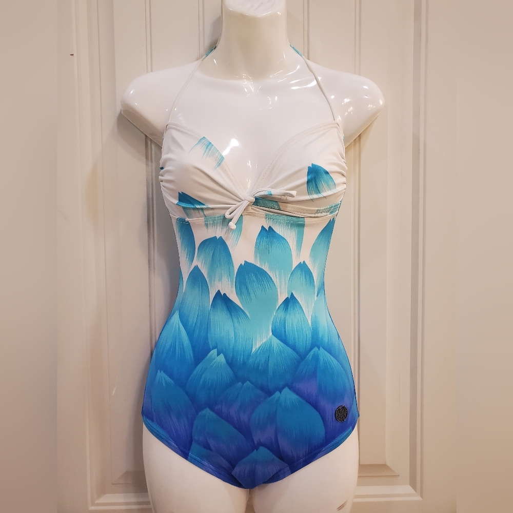 Vintage Blue & White Rose Marie Reid Swimsuit. Old Hollywood Pin-up
